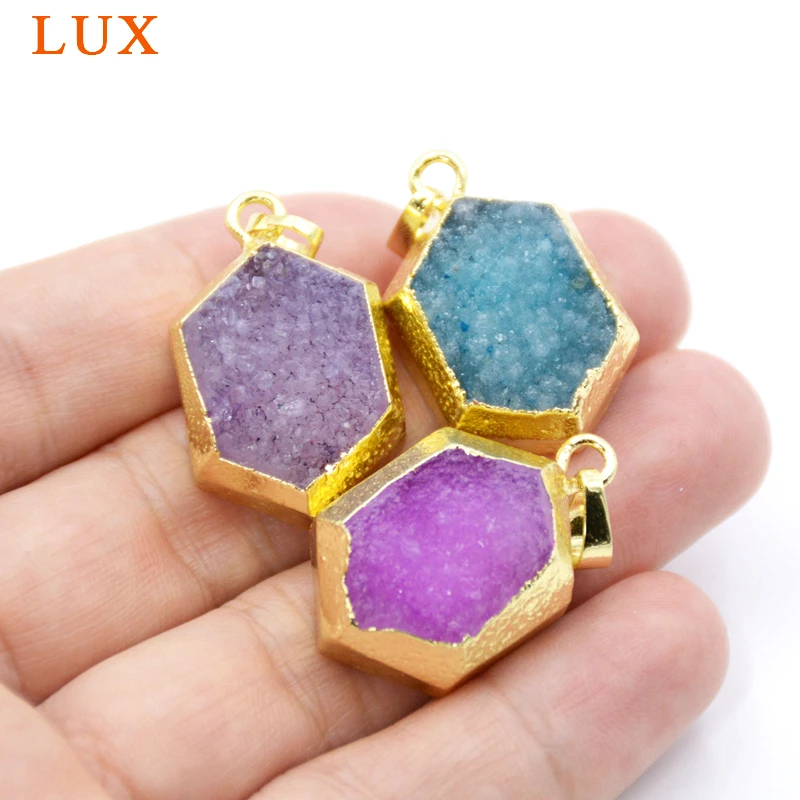 

Hexagon Gold Bezel Rainbow Natural Agates Druzy Geode Pendant Bead Drusy Gem stone Pendants Geode Jewelry Making Craft