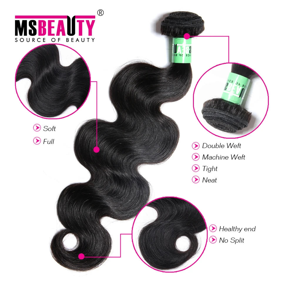 Indian Hair Body Wave Bundles Middle Ratio Natural Black Msbeauty Human Weave Remy Extension 1/3/4 PCS | Шиньоны и парики