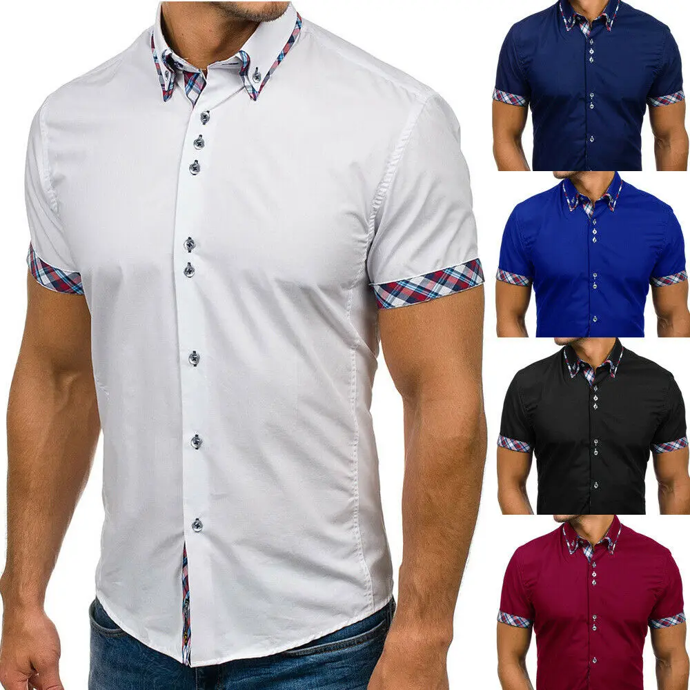 2019 New Style Fashion Hot Men's Slim Fit Short Sleeve Patchwork Casual Shirt Tops Button Muscle Tees | Мужская одежда