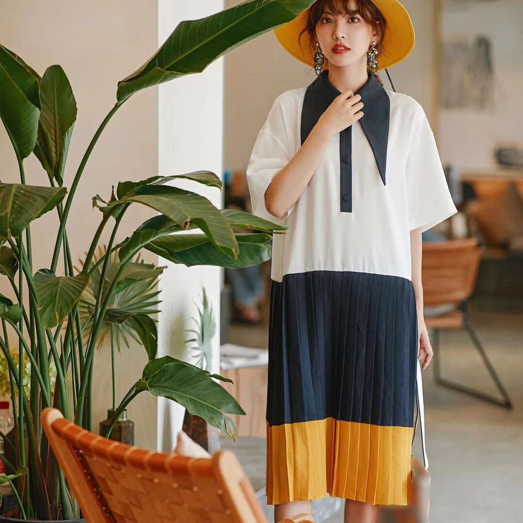 2019 Summer New Contrast Color Patchwork Pleated Hem Dress For Women Fashion Half Sleeve Turn Down Collar Cloth W475 |