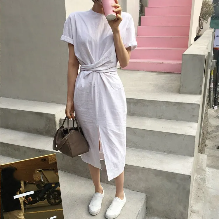 Летние платья в Корейском стиле цельное платье с открытым разрезом облегающее