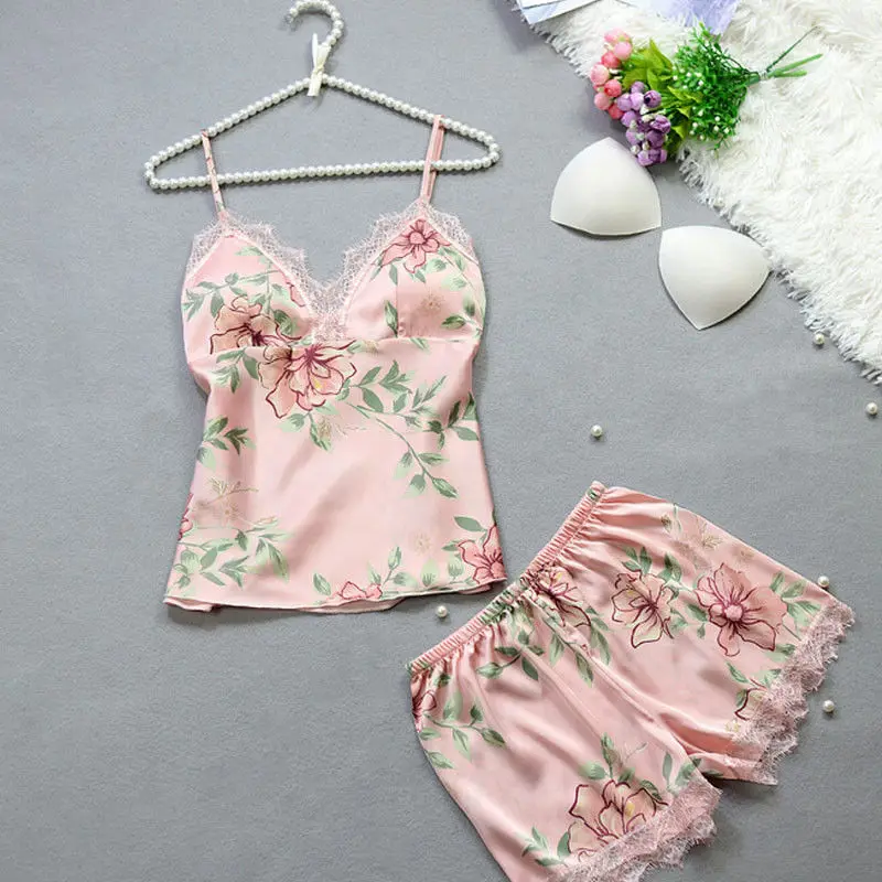 THEFOUND Модные женские атласные кружева печати рукавов пижамы Babydoll белье Ночное