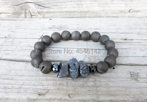 Bohemian Gray Druzy Agates With Stone Nugget Beads Hematite Stone Boho Stack Bracelet