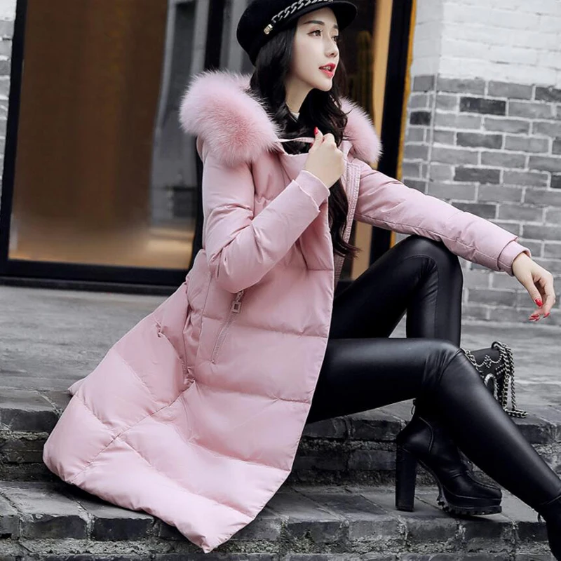 Женский длинный пуховик с меховым воротником зимнее пальто на белом утином пуху