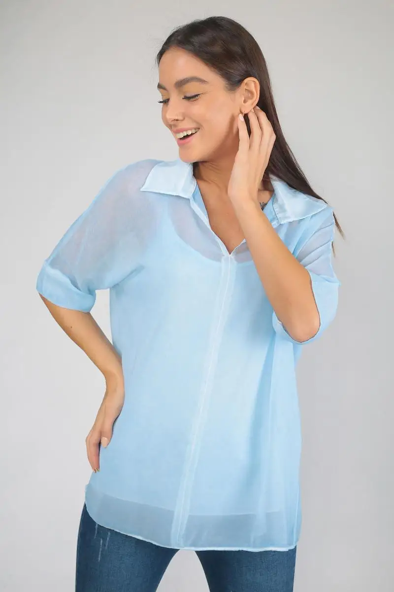 Размер частный респект Женщины Синий V шеи атлетли шифон Блузка S-18Y0840058 |