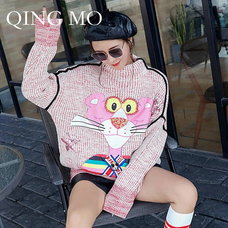 QING MO Women Turtleneck Pinkpanther Sweater Sequin Pullover Pink 2018 Autumn Warm Loose DQ0149A | Женская одежда
