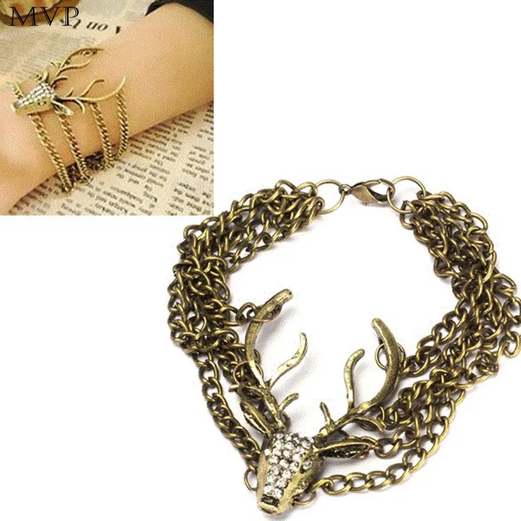 Women Fashion Deer Head Shape Multi Casual Link Chain Layers Cuff Crystal Bracelet Lobster Claw Clip Jewelry | Украшения и