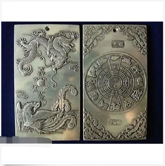 Старый китайский Тибетский серебристый дракон феникс lucky Bullion thanka amulet thangka | Дом и