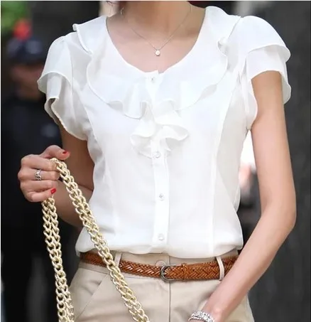 Women Ruffle Chiffon Blouse White Shirt Female Short Butterfly Sleeve Shirt 5XL Tops
