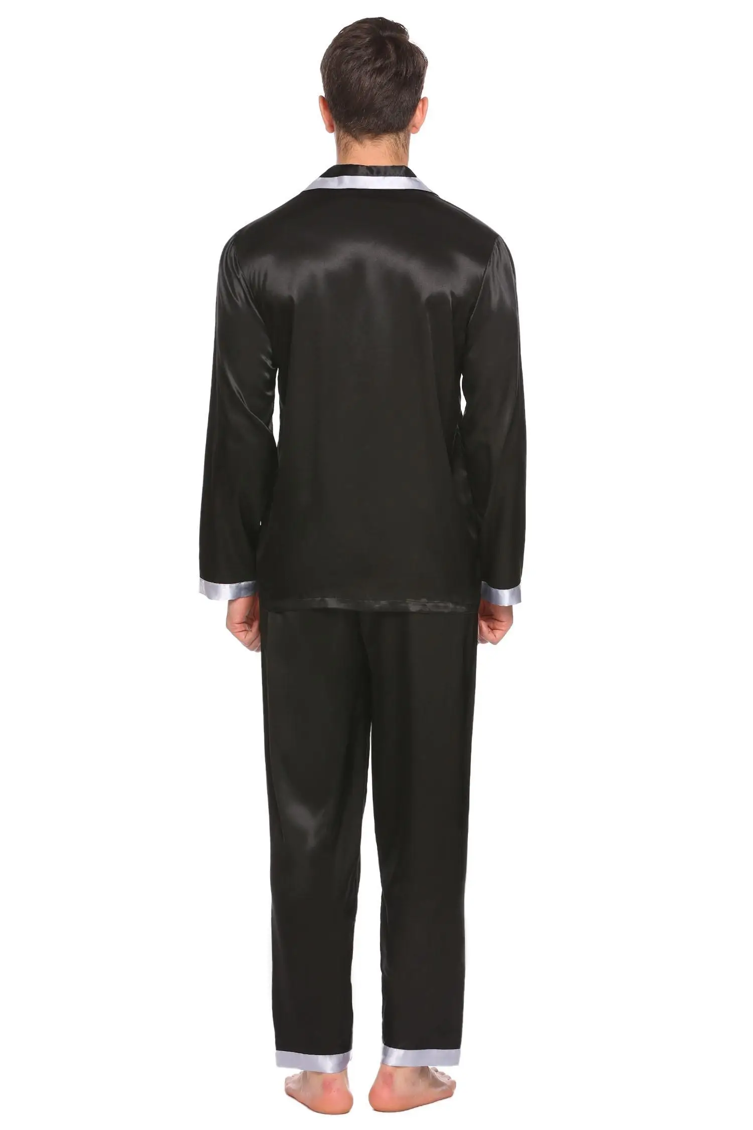 Men Sleeve Waist Turn Color 186cm 98cm 76cm Hip HOTOUCH Long Set Pajama 100cm Bust Contrast Height Satin Down Collar | Мужская одежда