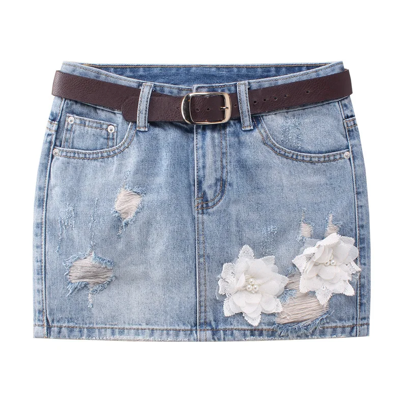 

New 2019 Fashion Summer Women Sexy Ripped Hole Denim Skirts High Waist Floral Appliques Vintage Girls A-line Jeans Skirt