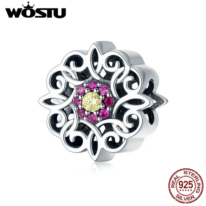 WOSTU винтажные 925 Серебряный цветочный Шарм калейдоскос CZ бусины подходят для