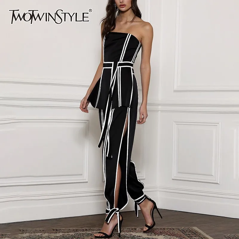 TWOTWINSTYLE хит цвет комплект из двух предметов для женщин без рукавов с открытыми плечами бандажные Топы Высокая талия сбоку сплит брюки женский костюм Лето