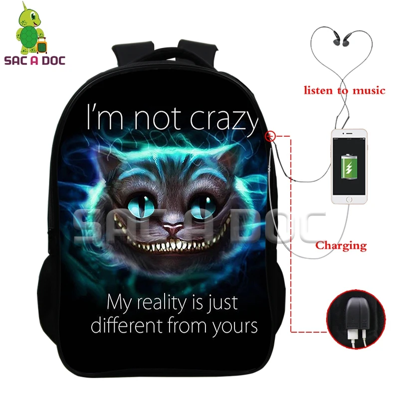 Smile 3D Чеширский кот многофункциональный рюкзак USB зарядка разъем для наушников