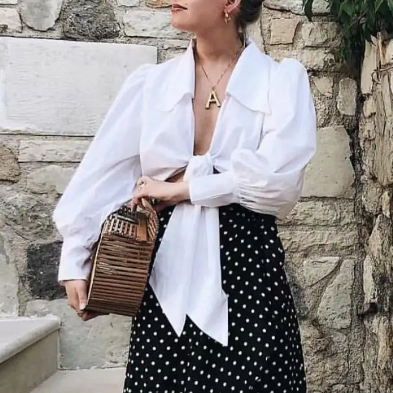 Sexy v-neck plaid crop cotton blouse shirt women Lace up puff sleeve white elegant tops Summer spring ladies top 2019 |