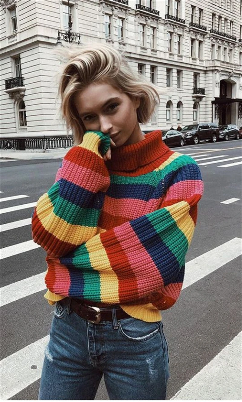 IANLAN New Womens Turtleneck Rainbow Pullover Colorful Striped Long Sleeve Sweater Girls Popular Loose Knitwear IL00391 | Женская одежда