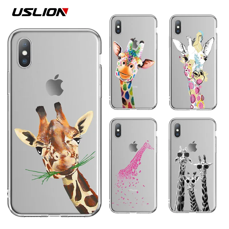 USLION Funny Giraffe Transparent Phone Case For iPhone X XS XR Xs Max 5 5s SE 6 6s 7 8 Plus Soft TPU Cartoon Clear Back Cover |