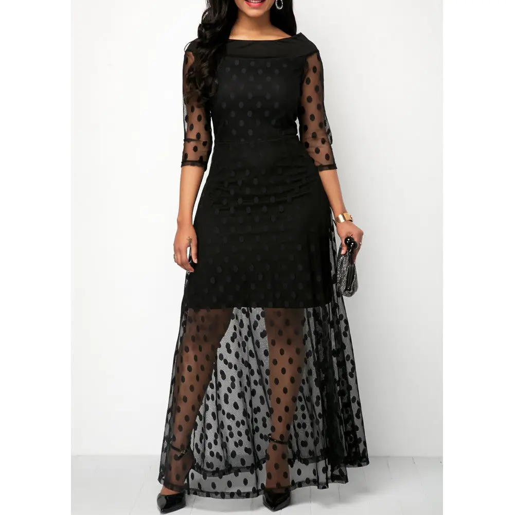 Elegant Plus Size Long Sleeve Dot Broad Collar Boho Women Party Bodycon Maxi Dress Black Lace Mesh Patch with Lining | Женская одежда