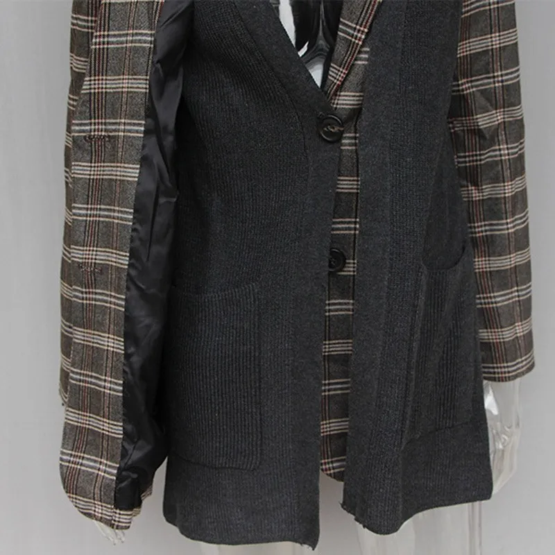 Single Breasted Plaid Jacket Ladies Blazer Female Long Sleeve Knitted Patchwork Coat OL Women Clothes 2019 Spring Outwear Okq110 | Женская