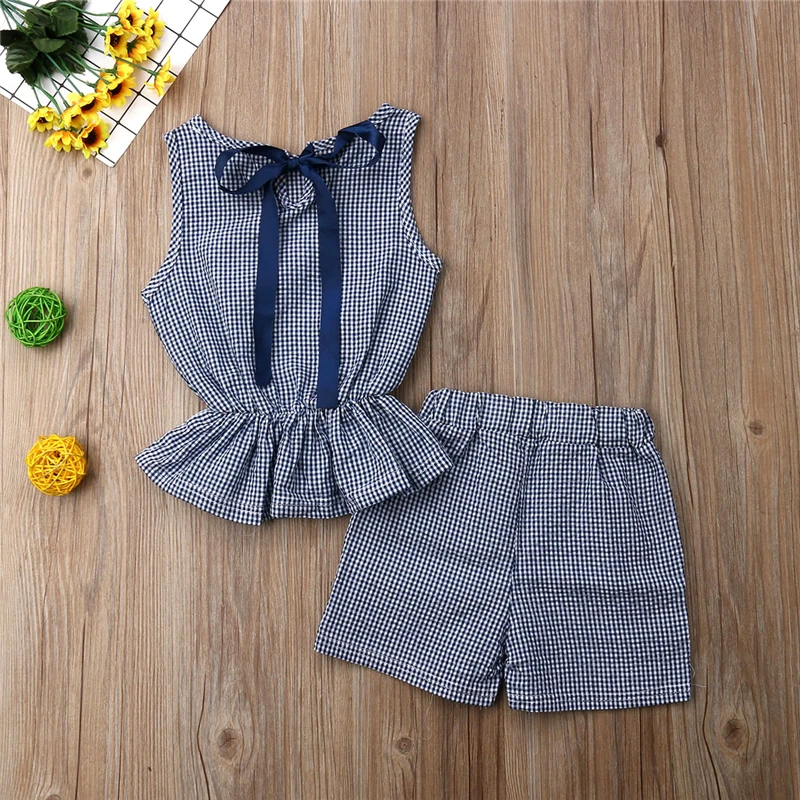 Fashion 2PCS Infant Toddler Clothes Baby Girls Sunsuit Set Plaids Vest Tops T-Shirt+ Shorts Pants Kids Summer Outfit Sets | Детская