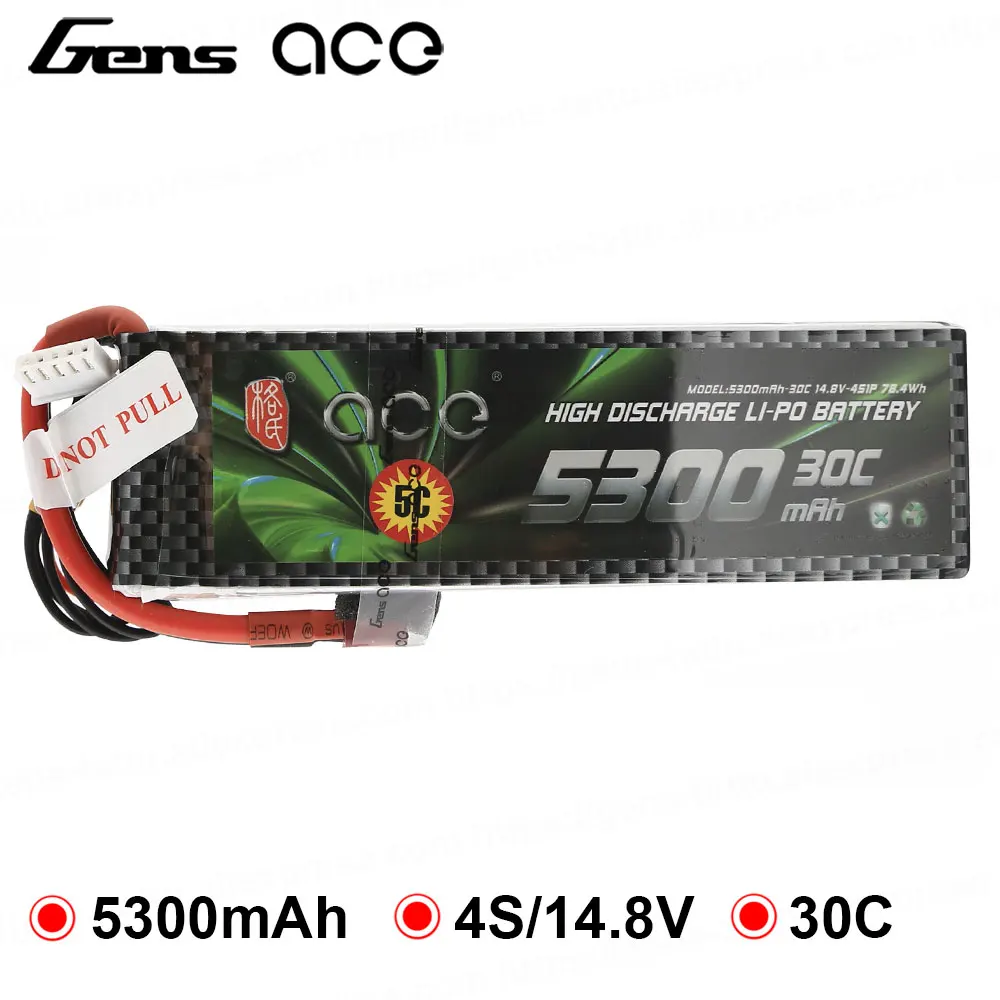 

Gens ace Lipo Battery 4S 5300mAh Lipo 14.8V Battery Pack RC Battery for RC Airplane RC Boat 700 Helicopter Drone