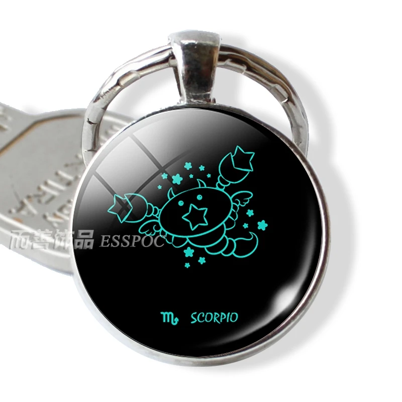 12 Constellations Zodiac Sign Pendant Aries Leo Libra Keychain Key Chain Rings Glass Cabochon Dome Jewelry Birthday Gift | Украшения и