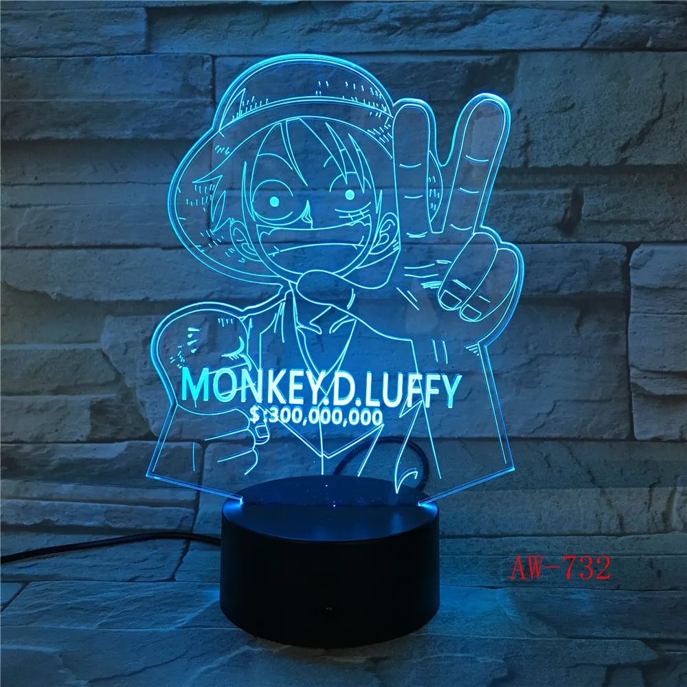 3D LED Луффи ночник 7 видов цветов Изменение одна штука настольная лампа спальня