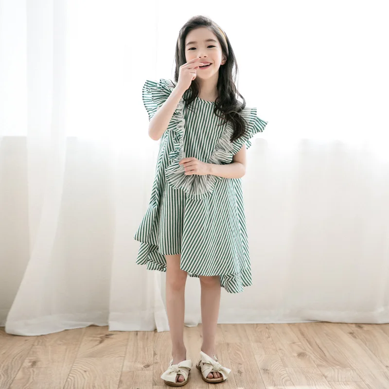 Summer Big Girls Ruffle Short Sleeve Loose Dress Stripe Cotton Fashion Kids Party costume 4-14 Yrs Teenager girl Princess Frocks | Детская