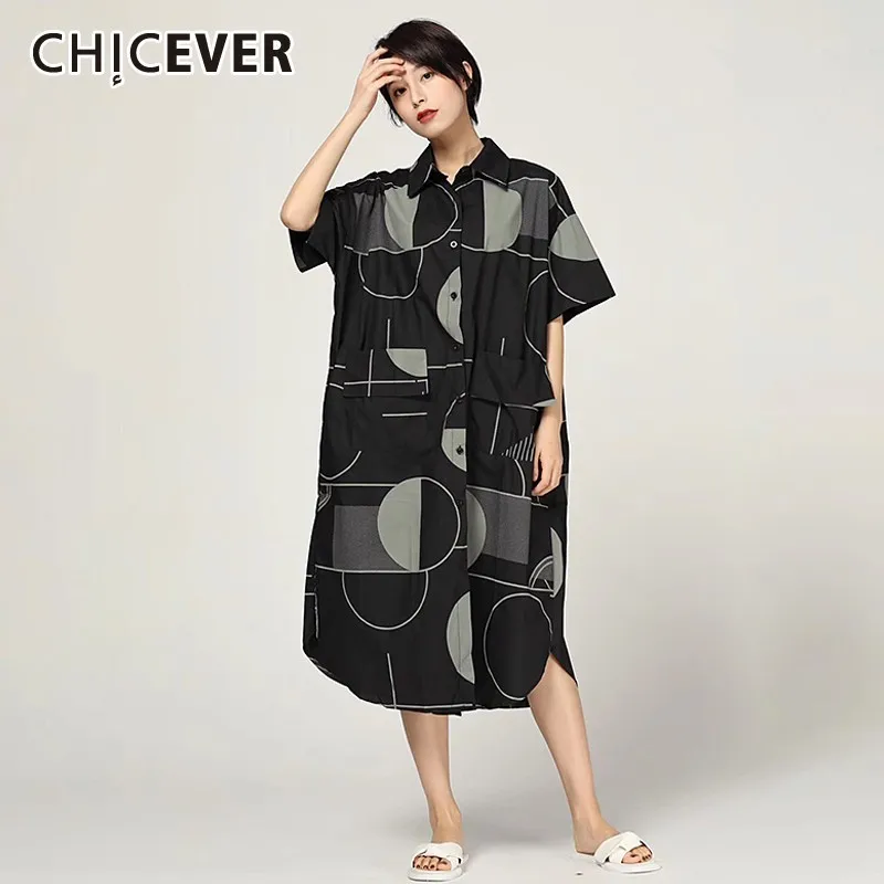 Летнее повседневное женское платье CHICEVER с цветным принтом отворотом и коротким
