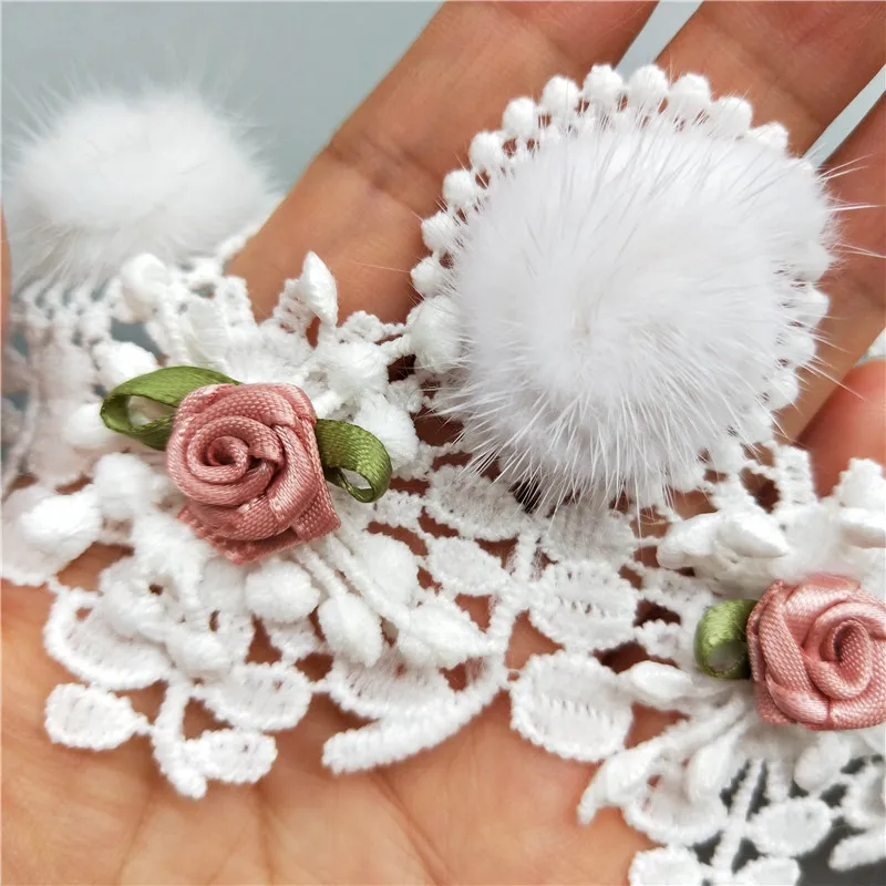 1yd Cotton White Pompom Ball Rose Flower Embroidered Lace Trim Ribbon Fabric Sewing Supplies Craft Decor DIY Handmade Materials | Дом и сад