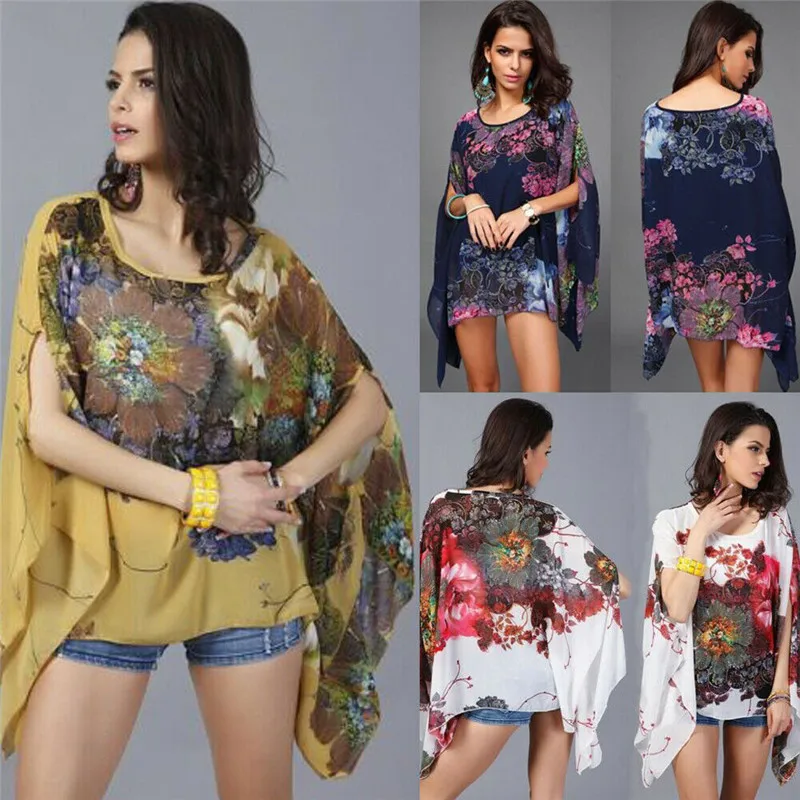 Женские Цветочные Летние Топы Boho свободные шифоновые рубашки с длинным рукавом