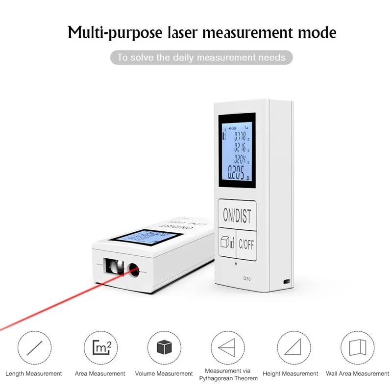 Мини D30 30 м ручной лазерный дальномер цифровой USB Перезаряжаемый Лазерный