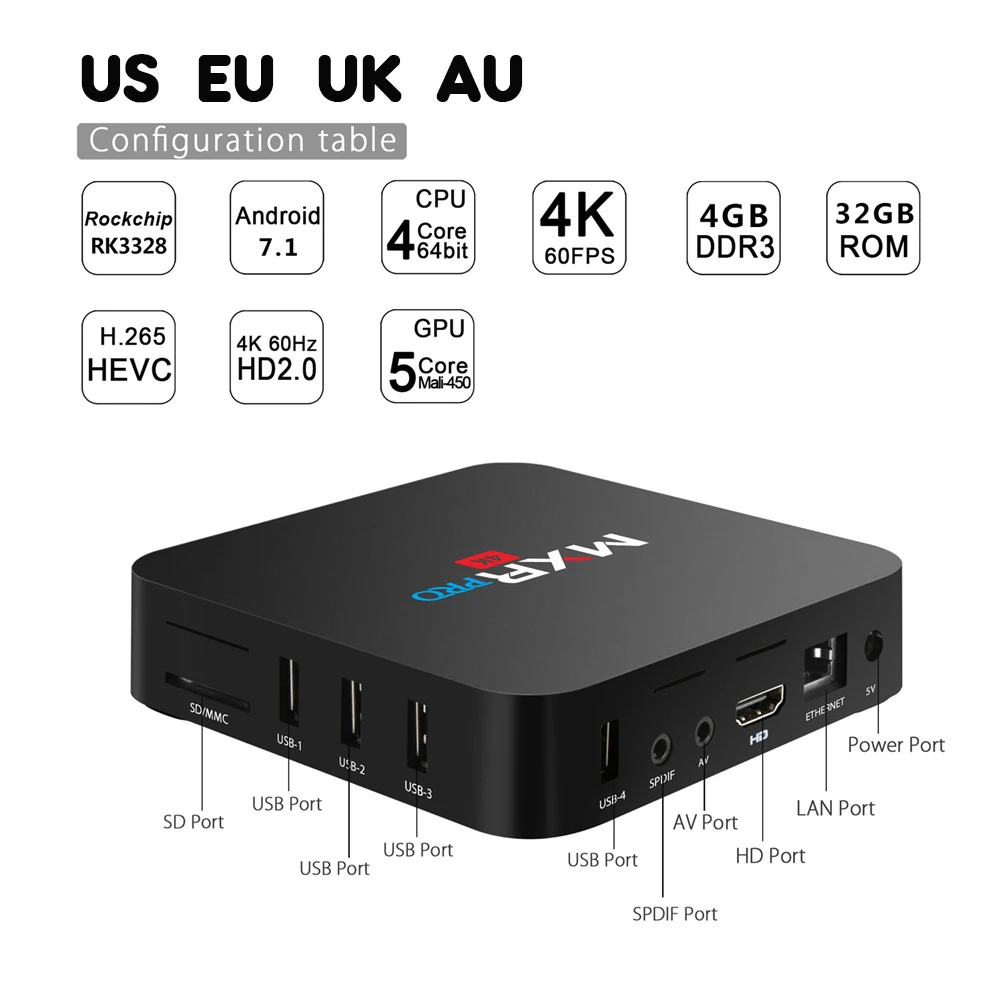4 ГБ ОЗУ 32 Гб ПЗУ Max Mxr Pro Android 7 1 Smart Tv Box Rk3328 четырехъядерный 2 ГГц Wifi Vp9 H.265 Uhd Mxrpro 4K