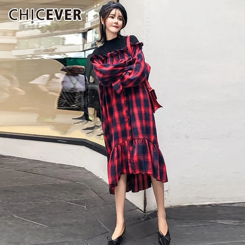CHICEVER клетчатое женское платье женский воротник-стойка рукав-лепесток Свободный