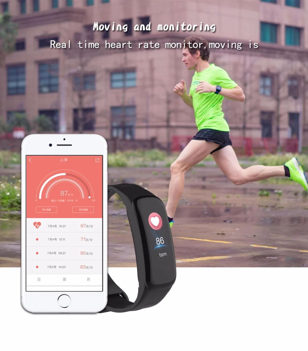 C1S Умный браслет с цветным экраном, доказательством водонепроницаемости, фитнес-трекером с измерением давления крови, монитором сердечного ритма и интеллектуальной лентой для Android и iOS.