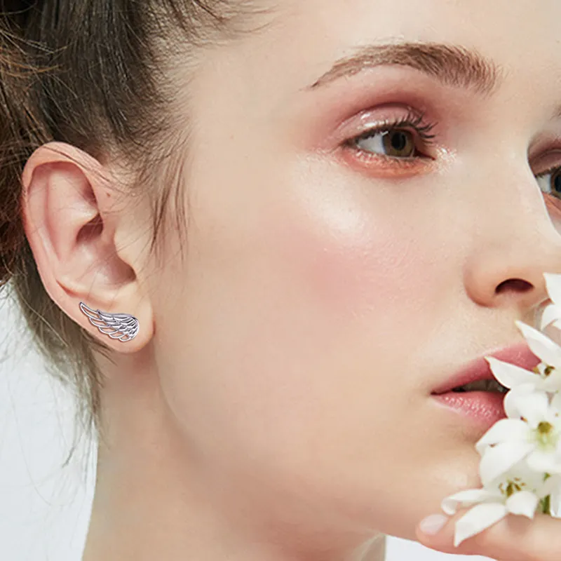 Strollgirl Genuine 925 Sterling Silver Earrings Hollow Feather Fairy Wings Stud Earrings for Women Fashion Jewelry gifts