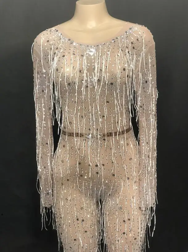 New Woman Mesh Sexy Glisten Silver Rhinestones Jumpsuit Tassel Perspective Evening Costume Women's Dance Wear | Женская одежда