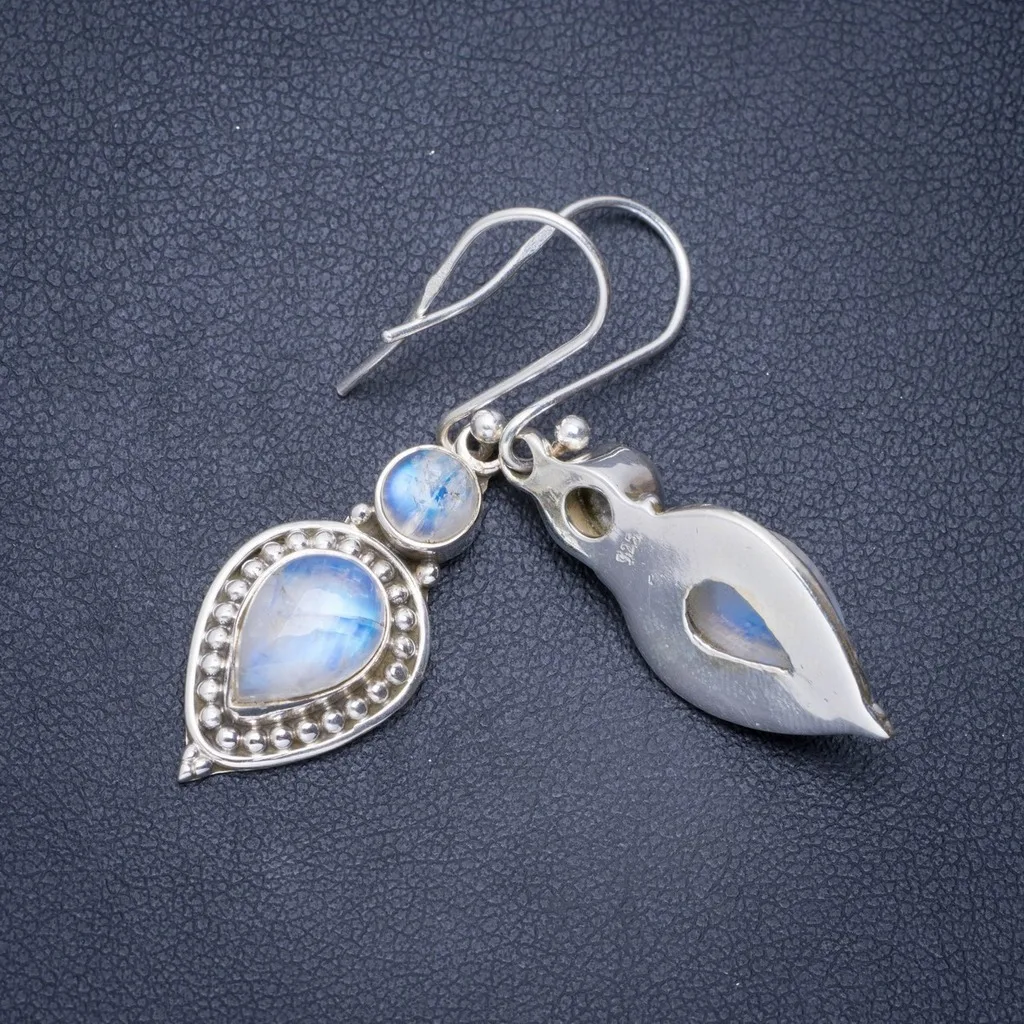 

Natural Rainbow Moonstone Handmade Unique 925 Sterling Silver Earrings 1.75" A0739
