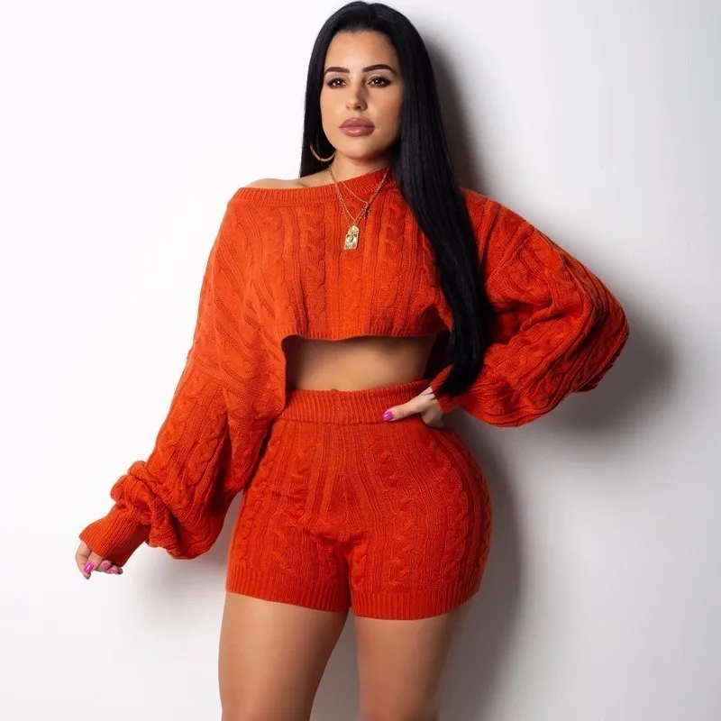 Santune Gray Women Lady Clubwear Long Sleeve 2 Piece Set O Neck Crop Top +short Pant Bodycon Knitted Sexy Suit Pcs | Женская одежда