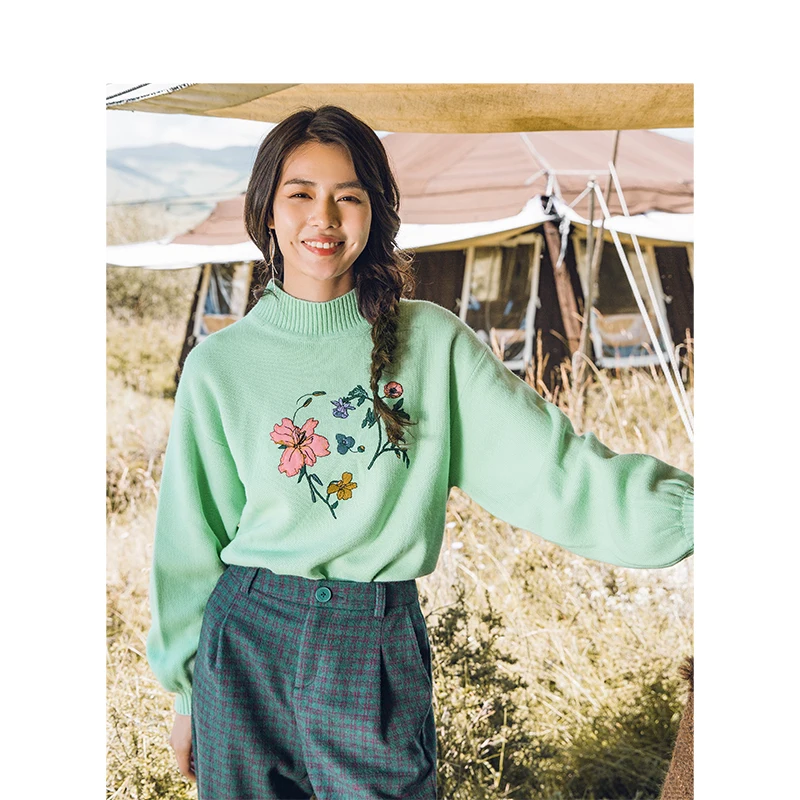 Инман Весна Осень Зима Высокий воротник литературная вышивка свободный женский