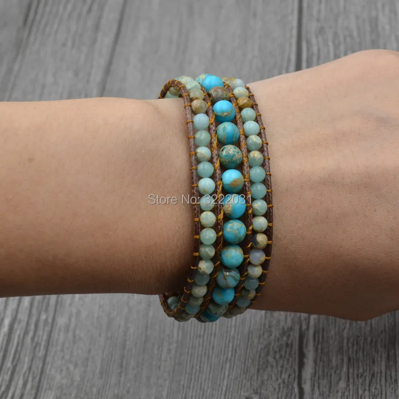 Multilayers Wrap Bracelets Handmade Boho Natural Stones Beaded Cuff Bangles for Girls with Blue Beads on Wax Leather Cord Braide | Украшения