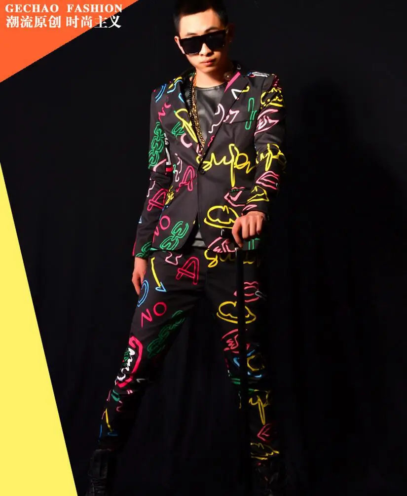 Spring New Men's Clothing Fashion Slim Gd Neon Colors Suit Set Coat Singer Stage Costumes Men Pus Size Performance Blazers Suits