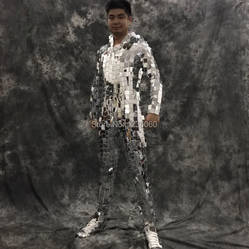 Sexy Male Singer Sequin Bodysuits ds Lens Oblique Silver Star Mirror Costume Mens Performance Party Dance Show Bodysuit with Hat | Дом и сад