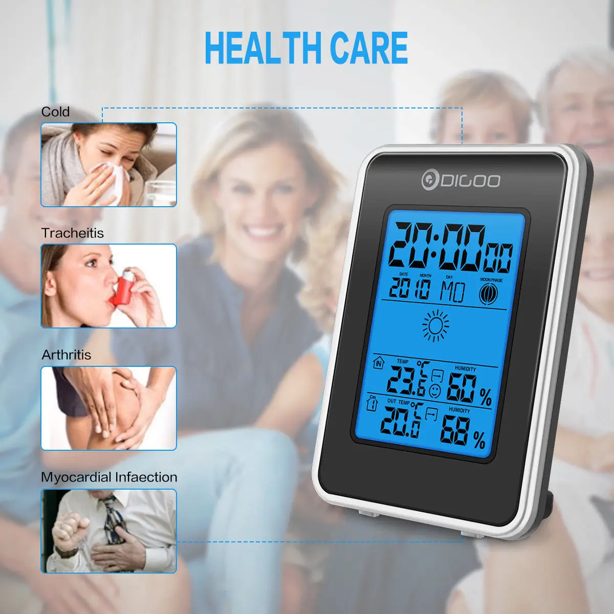 Digoo DG-TH1981 Погодная станция с синей подсветкой цифровой LCD гигрометр термометр Прогноз погоды Сенсор часы