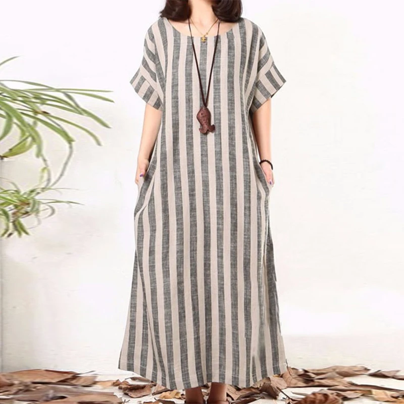 Макси Платье с круглым вырезом летнее повседневное хлопковый кафтан рукавами