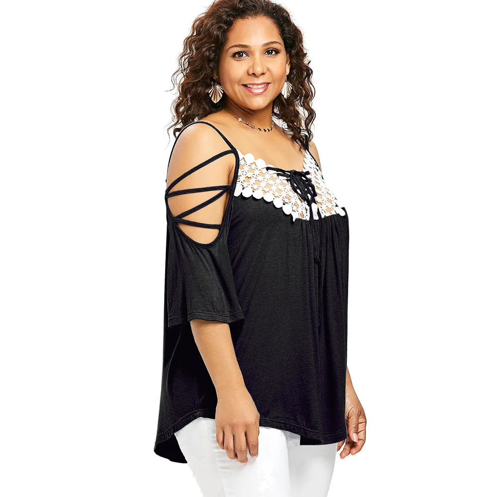 Wipalo Plus Size Cutwork Cold Shoulder Strappy T-Shirt Women Top Summer Casual T Shirt Spaghetti Strap 3/4 Sleeve Ladies Tops | Женская