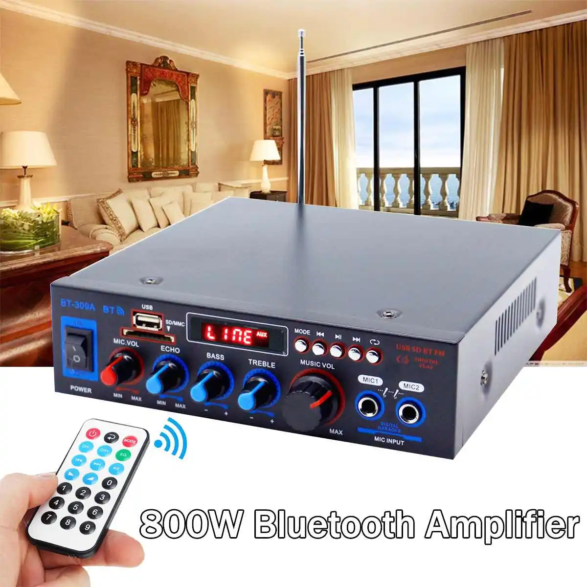 Цифровой стереоусилитель 800 Вт 220 В/12 В bluetooth USB FM SD микрофон воспроизведение со