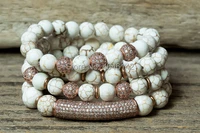 boho rose gold pave cz round beads and bar howlite stone beads stretch bracelets