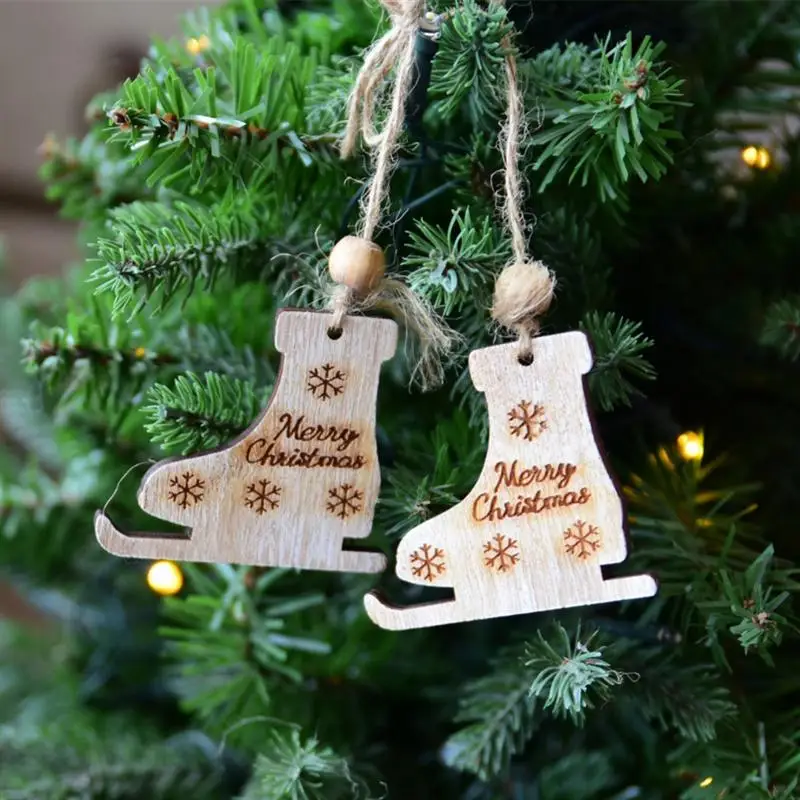 1 Pair Christmas Tree Decor Ice Skates Wood Ornaments Xmas Charms Hanging Pendants Craft Wooden Chips Slices Embellishments | Дом и сад