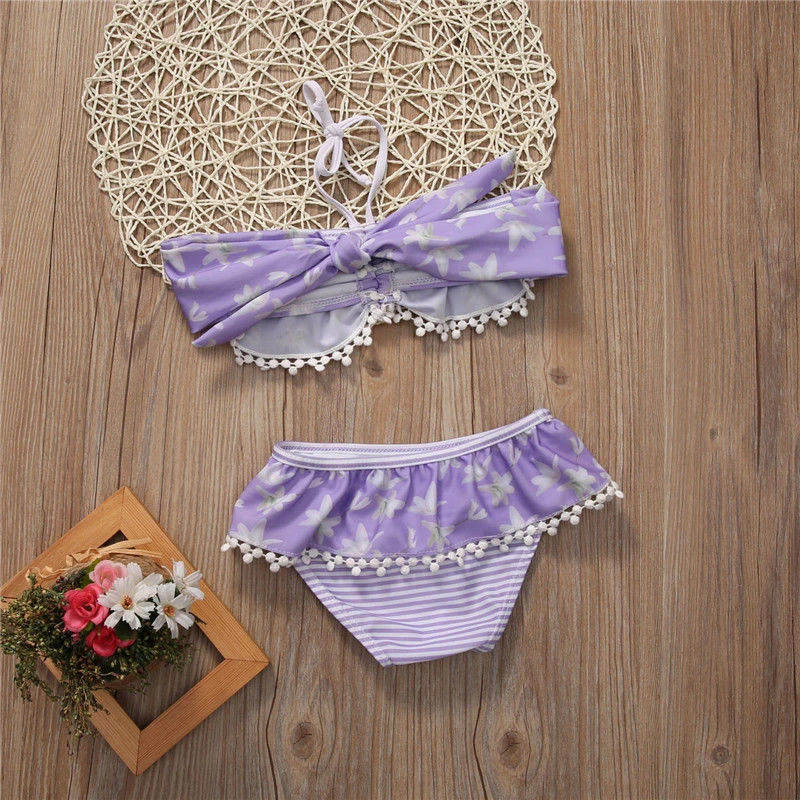 Детский купальник с цветочным принтом пурпурного цвета летом 2018 для маленьких девочек.